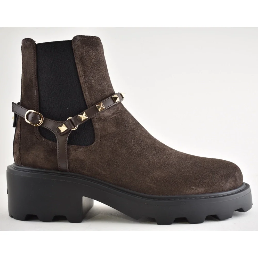 Valentino Rockstud Beatle Brown Suede 55mm Short Ankle Flat Chelsea Boot 38.5